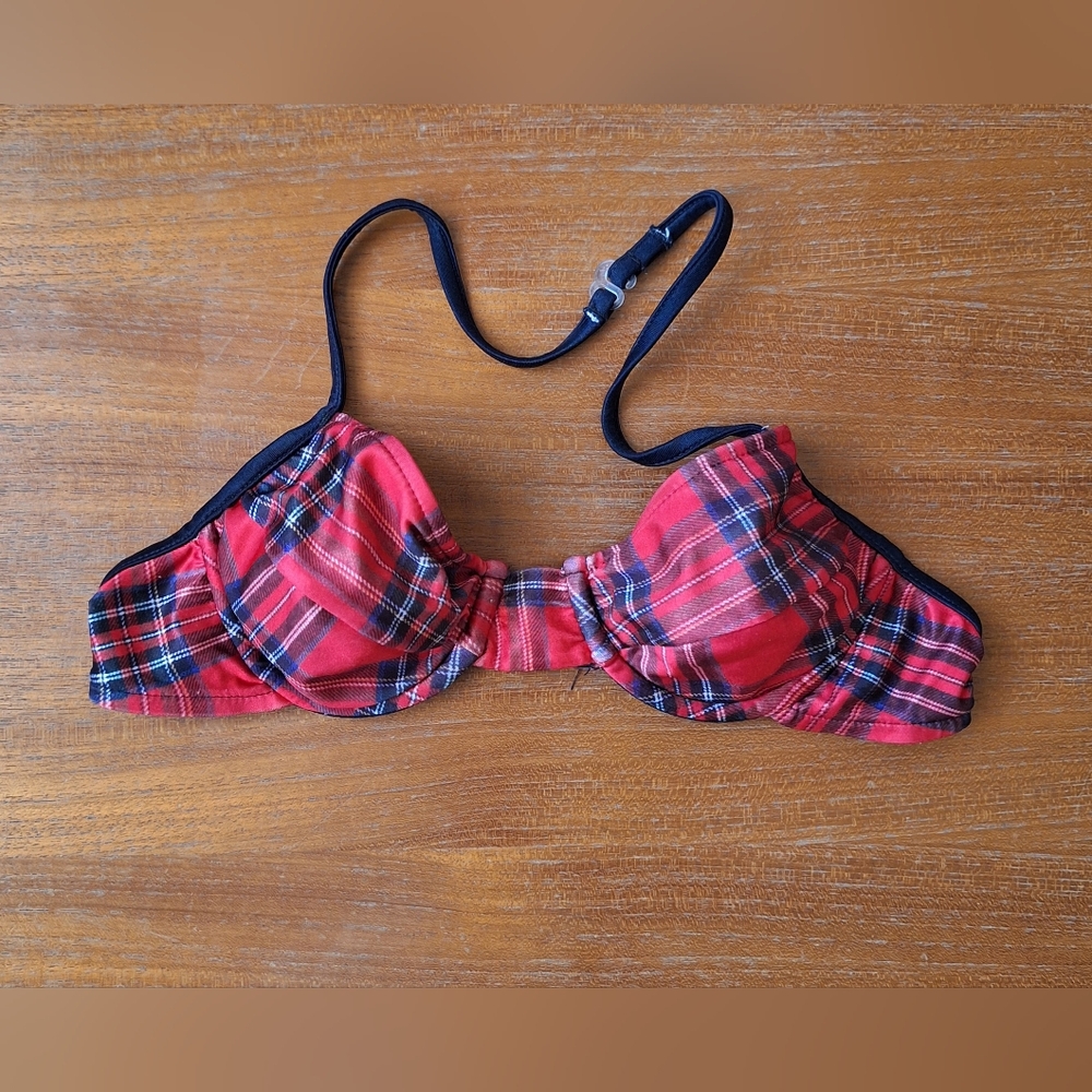 Vintage Plaid Halter Bikini Top Tartan Red Check Whimsigoth Americana Small